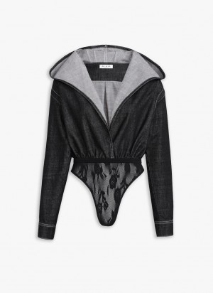 Black Women's Alaia Hooded Denim Body Bodysuits Canada | X7Y-8884