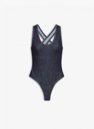 Blue Women's Alaia Denim Crossback Body Bodysuits Canada | W5O-6649