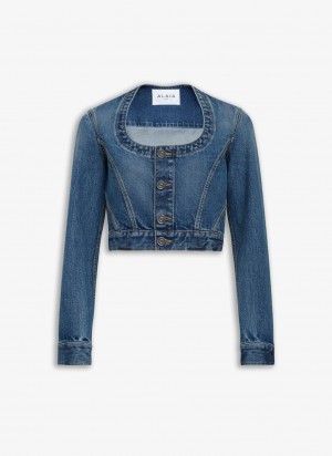 Blue Women's Alaia Nekcline Denim Jackets Canada | V7S-3973