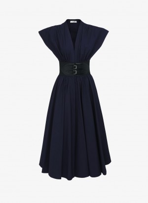 Marine Women's Alaia Belted Midi Japanese Poplin Dress Canada | L3X-0382