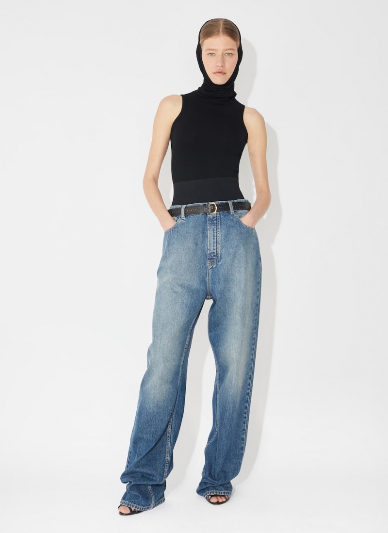 Blue Women's Alaia Knit Belt Denim Pants Canada | D7I-8953