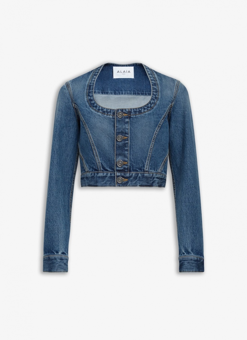 Blue Women\'s Alaia Nekcline Denim Jackets Canada | V7S-3973