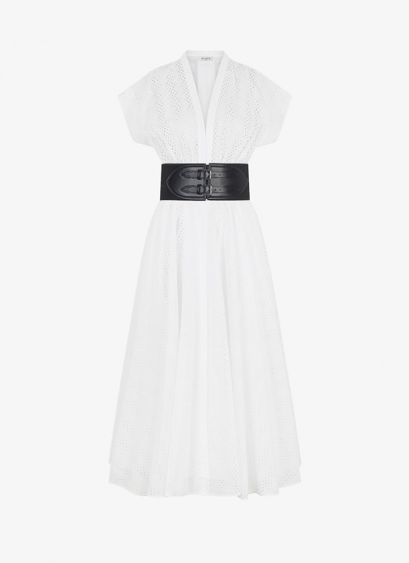 White Women\'s Alaia Broderie Anglaise Belted Dress Canada | N6C-8760