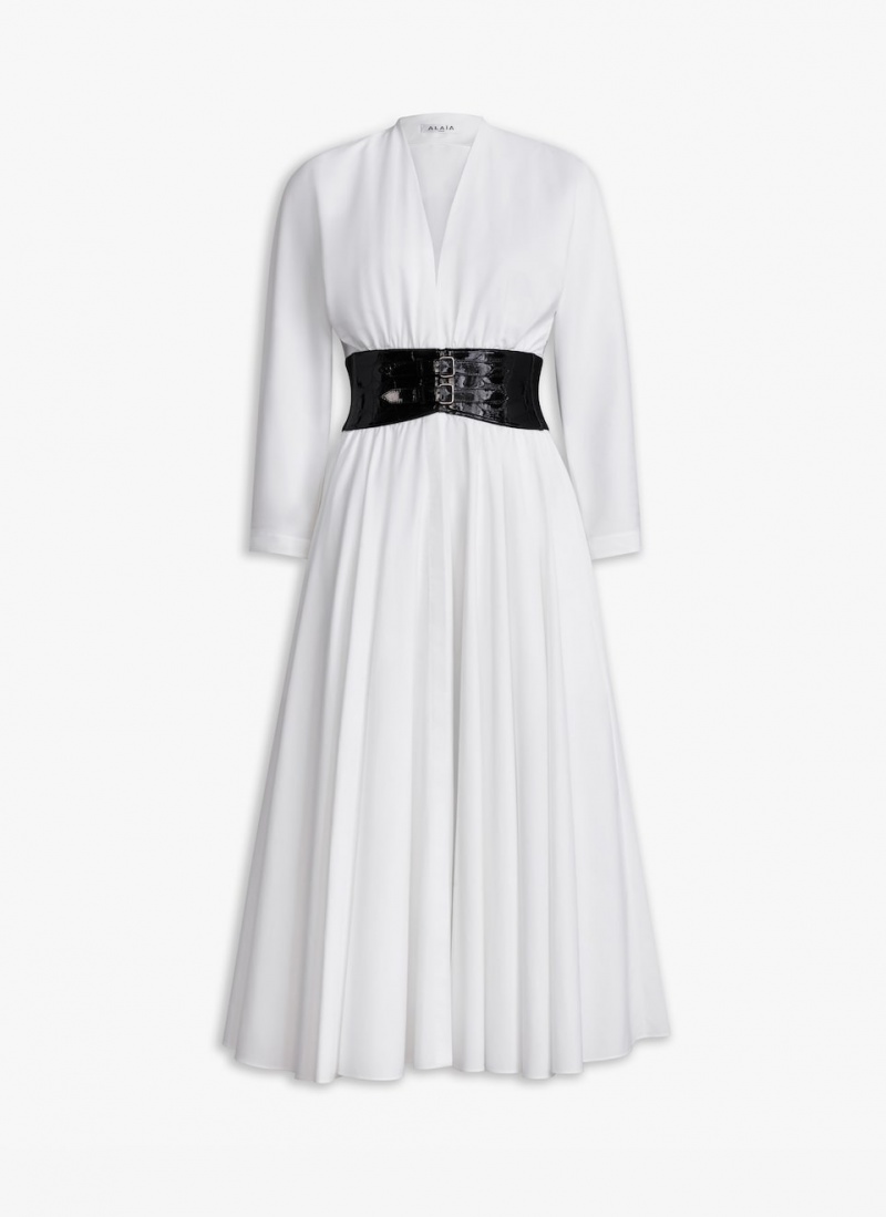 White Women\'s Alaia Poplin Cross Belt Dress Canada | M9N-6154