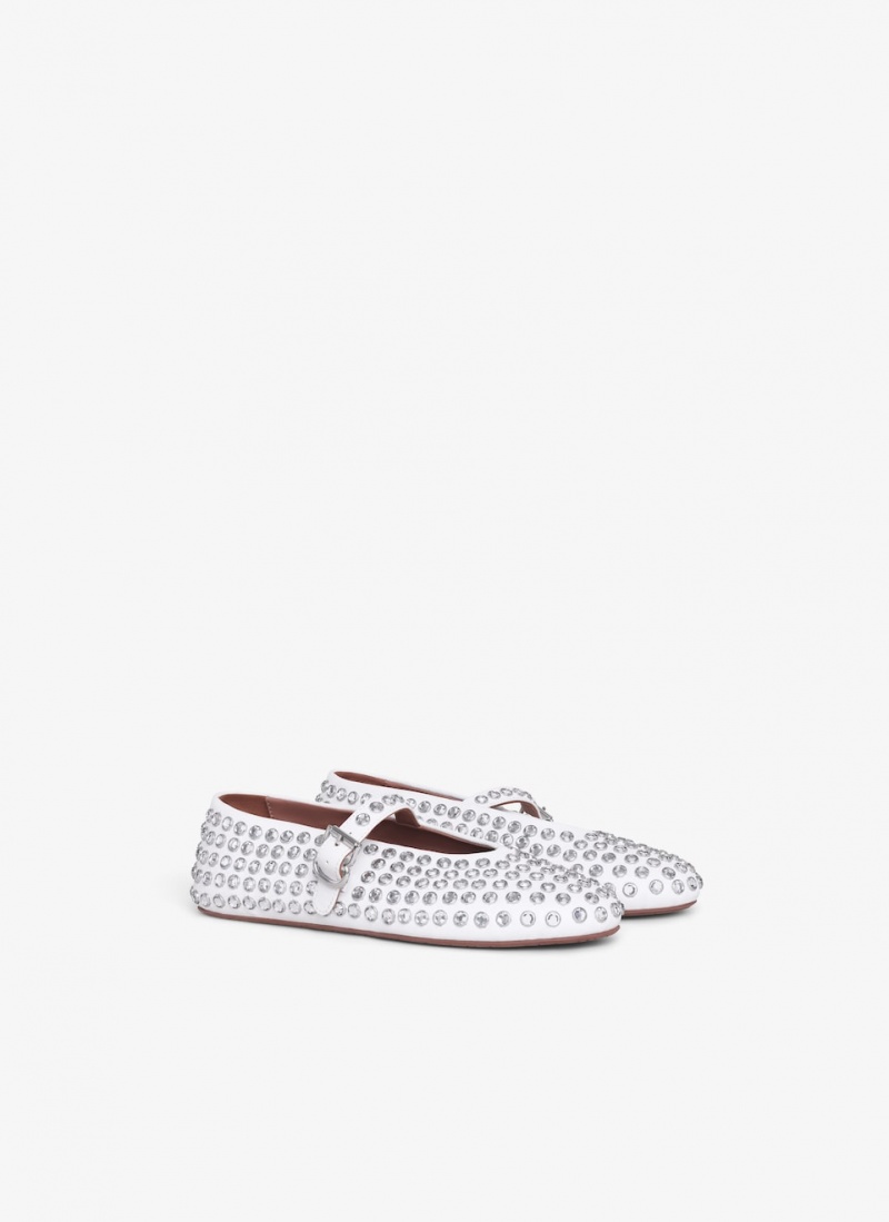 White Women's Alaia Strass Lambskin Ballet Flats Canada | K6W-6486